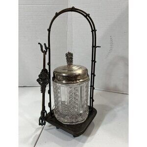 Meridan Silver Plate Co Quadrupleplate Victorian Glass Pickle Castor Jar & Tongs